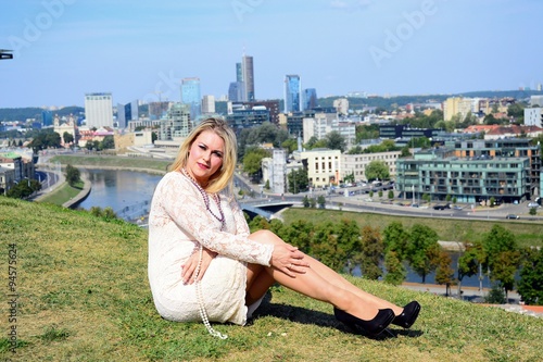 Obraz na płótnie Beautiful girl in Vilnius town on Gediminas castle hill w salonie