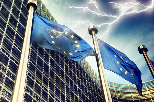 Lightning over European Union flags