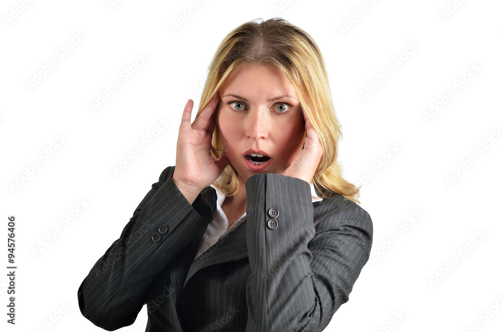 Portrait of amused young business woman. Isolated on a white bac Portrait of amused young business woman. Isolated on a white bac