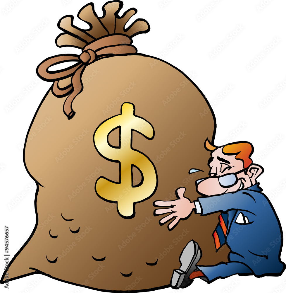 Vector cartoon illustration of a businessman hugging a sack of money ...