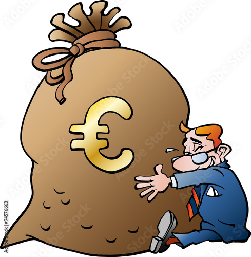 Vector cartoon illustration of a businessman hugging a sack of money Euro