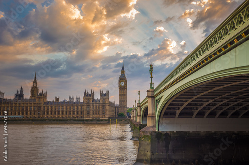 Big Ben  Parliament and Westminster bridge with beautiful sky  London  UK