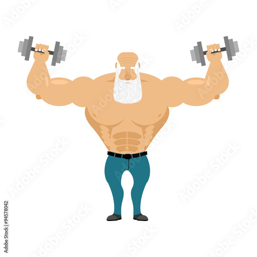 Old Santa trains with free weights. Old man with a grizzled bear