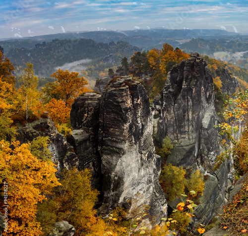 View of the rock formations in eastern Germany Bastei