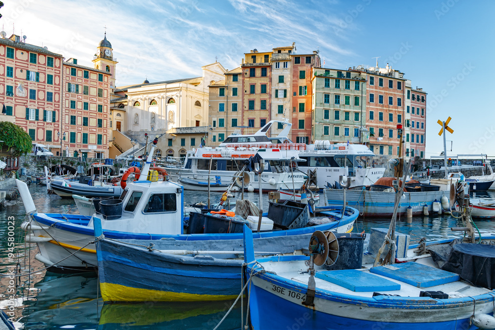 Boats moored in the harbour at Camogli