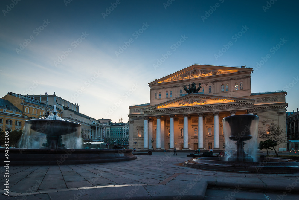 Evening view of the Bolshoy Theatre in Moscow, Russia