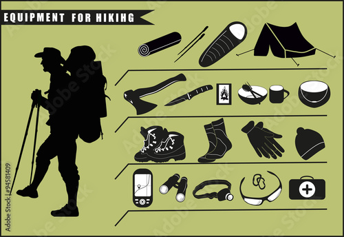 Set of travel gear icons. Silhouette of tourist with detail contents of his backpack. Vector Illustration