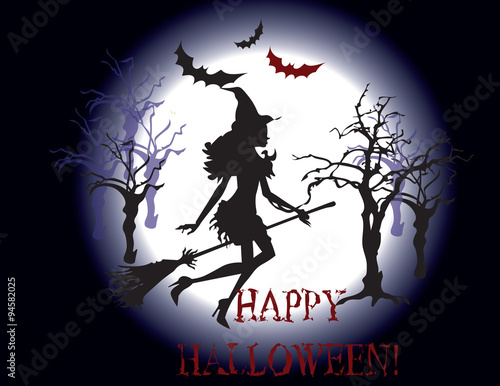 Happy Halloween background. Silhouette of Witch flying in the woods. Vector
