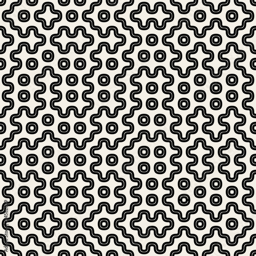 Vector Seamless Black And White Rounded Geometric Lines and Dots Pattern