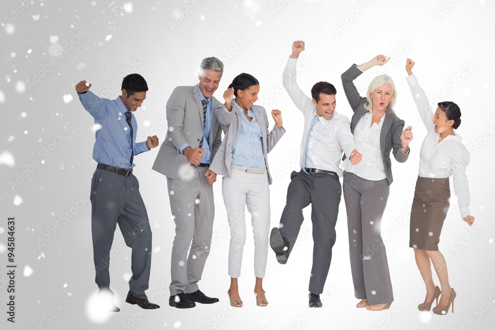 Obraz premium Composite image of business people cheering in office