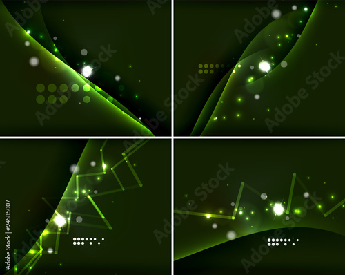 Set of abstract backgrounds with copyspace. Glowing color neon light in dark space