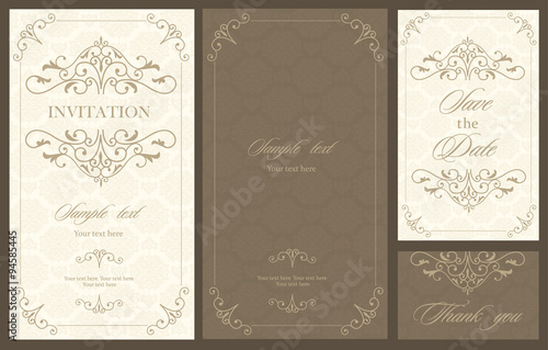 Wedding invitation vintage card with floral and antique decorative elements. Vector illustration