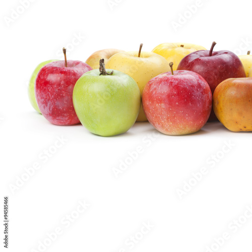 organic apple fruit. Various colors ripe apples. white background