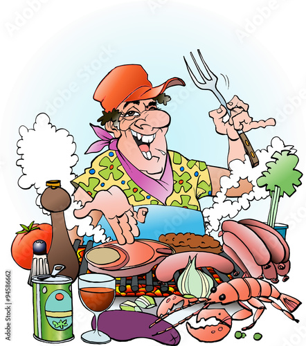 Vector cartoon illustration of a Grillmaster inviting to a grill party outdoor