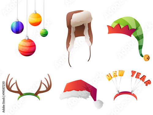 Set of vector winter christmas hats set. For party, street home and new year