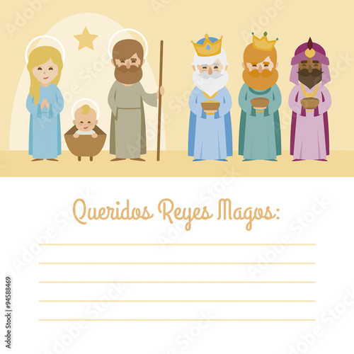 Vectorized letter with Christmas Baby Jesus Nativity with virgin Mary, Father Joseph and the three Kings of Orient wise men
