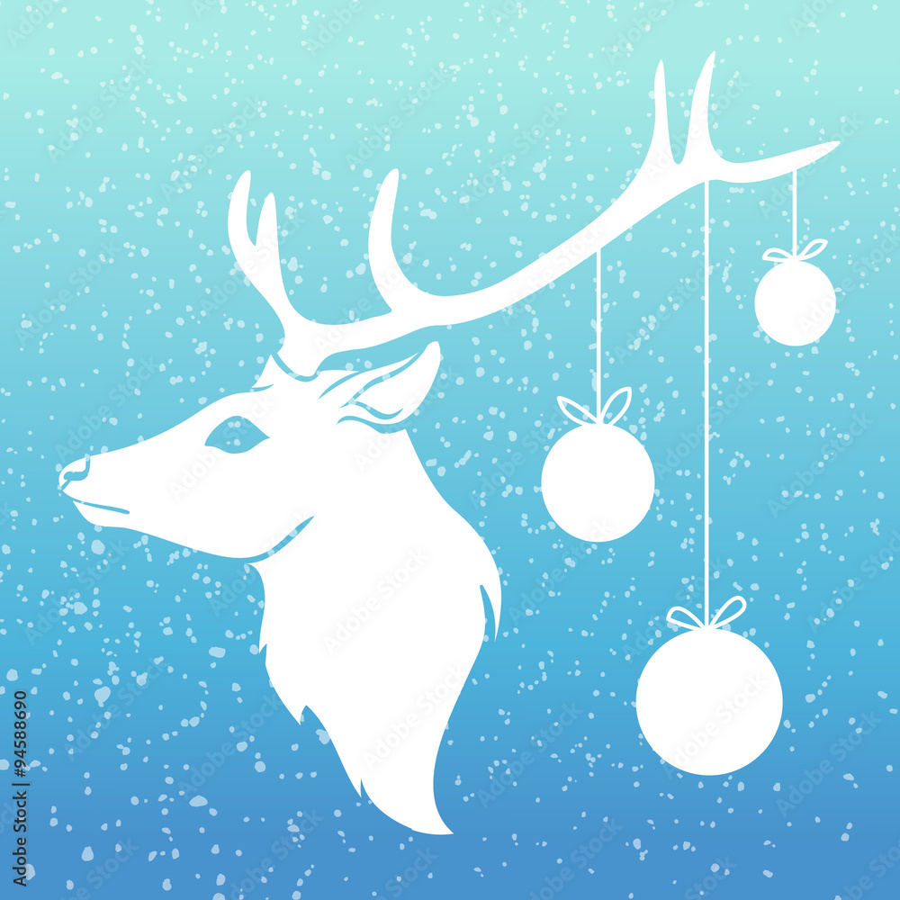Christmas deer with x-mas balls on his horn with snow on blue background Christmas deer with x-mas balls on his horn with snow on blue background