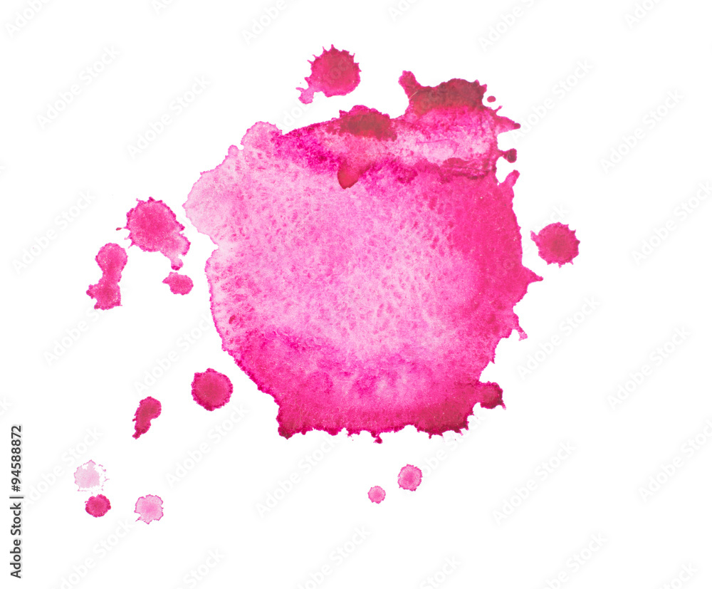 Watercolor blot with splashes and drops isolated on white background.