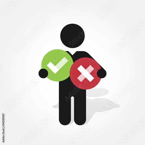 figure man holds right and wrong symbol in circle