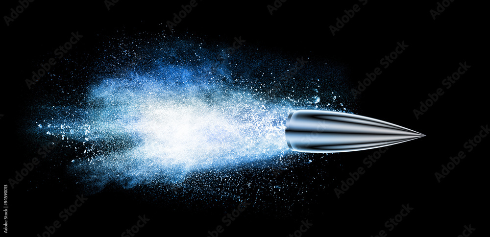 explosion with a bullet isolated on black - obrazy, fototapety, plakaty 