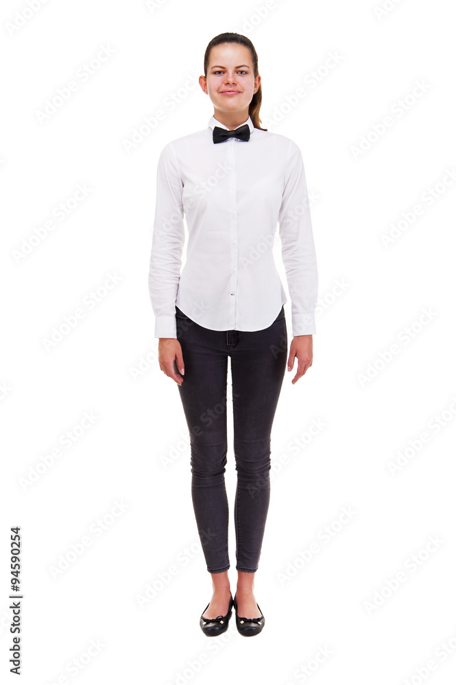 Young woman in waiter uniform holding tray isolated over white Young woman in waiter uniform holding tray isolated over white