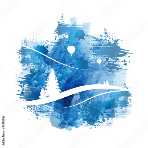 Berglandschaft mit Heißluftballons | Abstract Blue Watercolour Painting