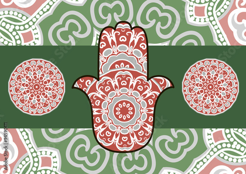 Card with a pattern in ethnic style - red and grey hamsa with mandala on background