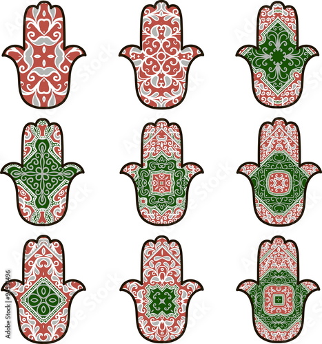 Set of nine hamsot in red and green colors on a white background photo