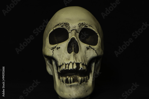 scary human looking skull on black background