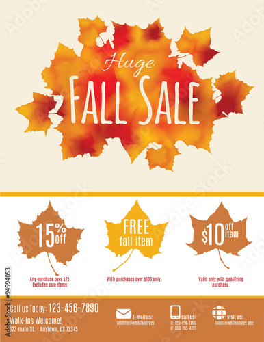 Fall Sale flyer with watercolor Fall Leaves