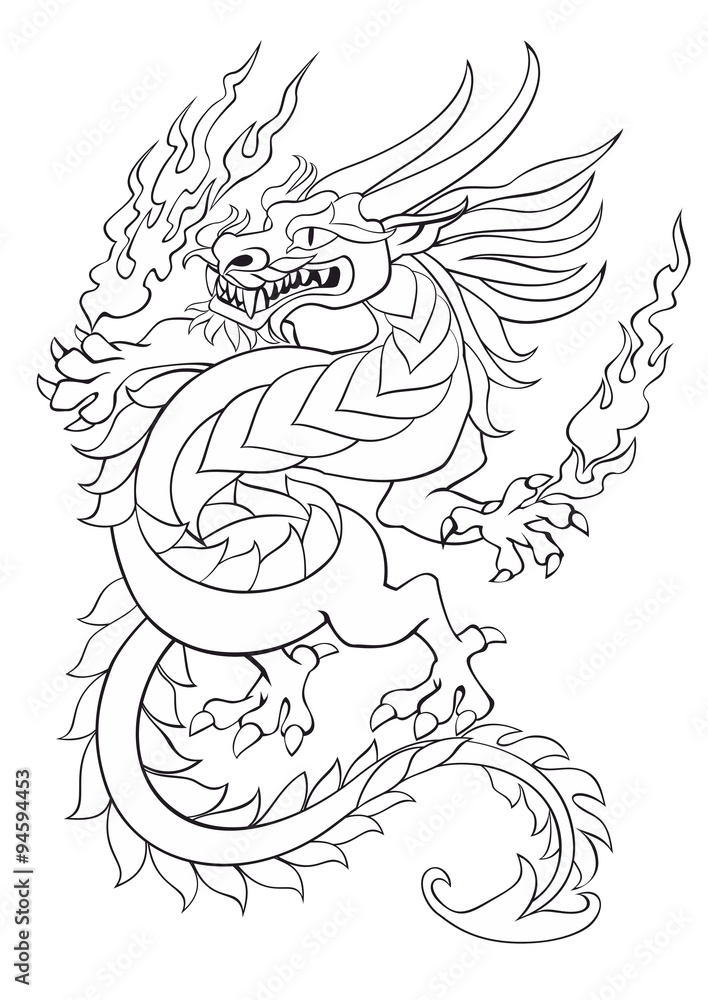 Obraz premium Dancing tribal dragon with flame in hands tattoo vector illustration