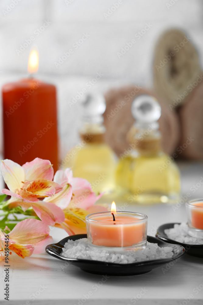 Composition of spa treatment on table, on white background Composition of spa treatment on table, on white background