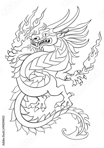 Dancing tribal dragon with flame in hands tattoo vector illustration