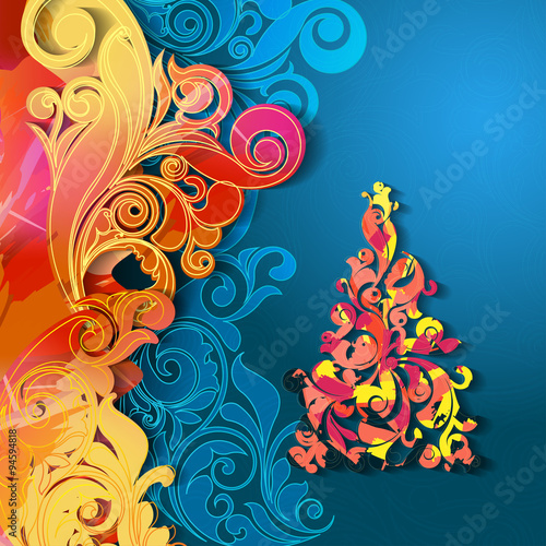 Square christmas greeting card with bright christmas tree made of colorful swirls, with red yellow blue background good for flyers, brochures, backdrops, wall paper or as element of bigger design