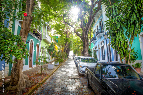 Beautiful street full of trees in old San Juan, Puerto Rico photo