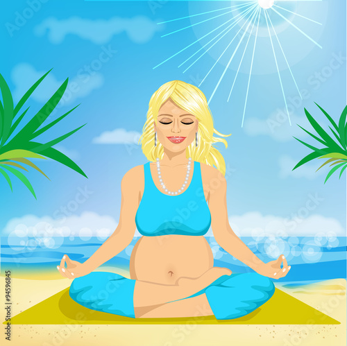 beautiful young pregnant woman sitting in yoga pose