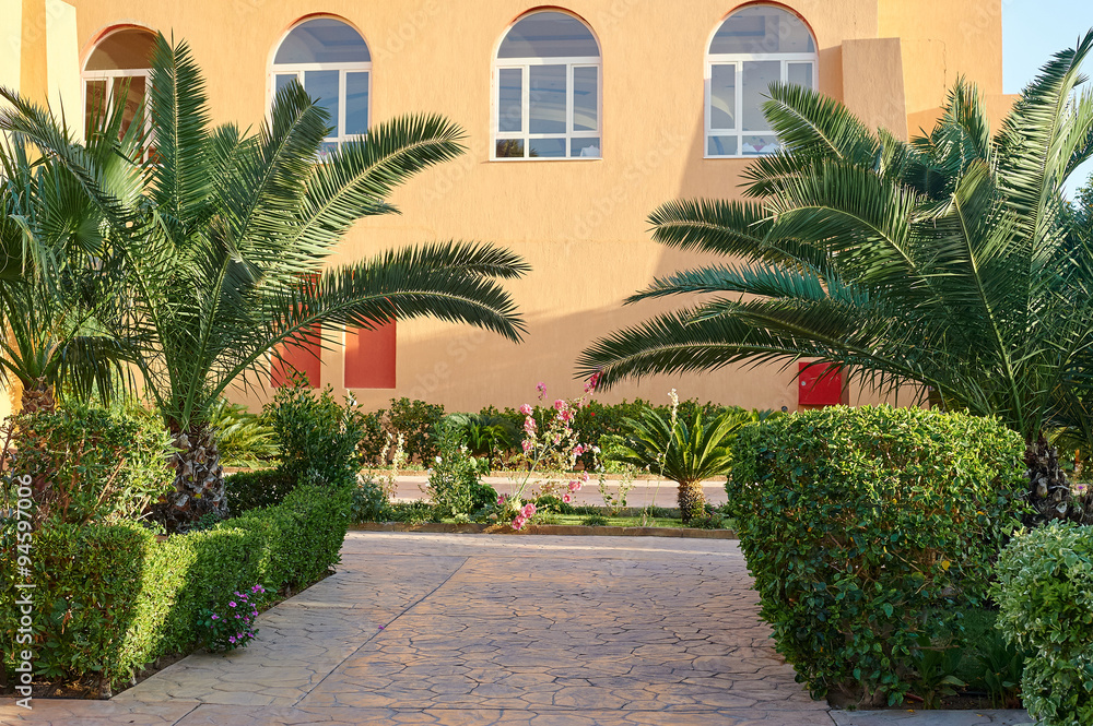 Obraz premium beautiful area with palm trees on the background of the house