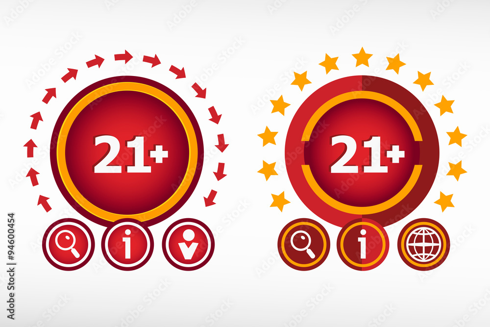 21 plus years old sign. Adults content icon on creative backgrou Stock