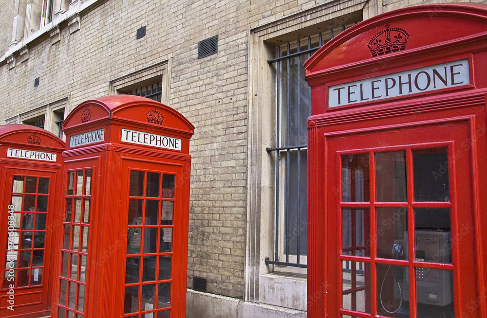 Rred telephone cabins in London, United Kingdom. Rred telephone cabins in London, United Kingdom.