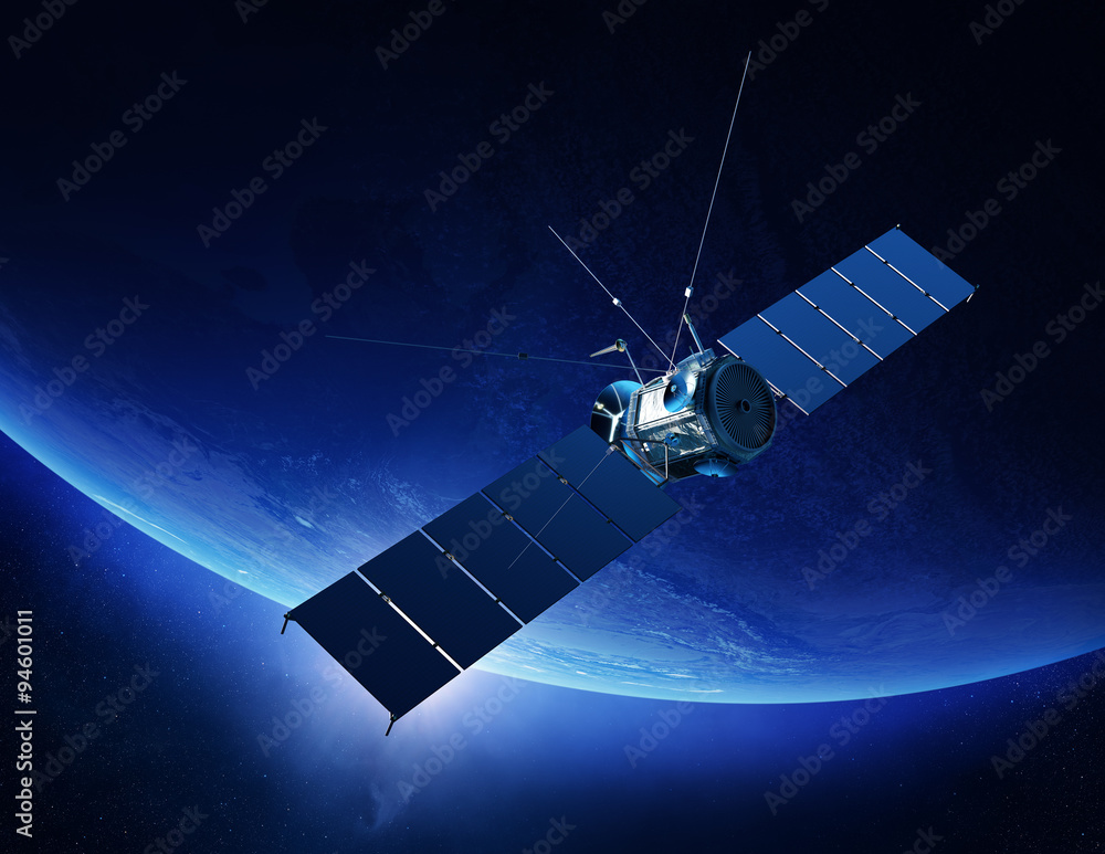 Communications satellite orbiting earth - obrazy, fototapety, plakaty 