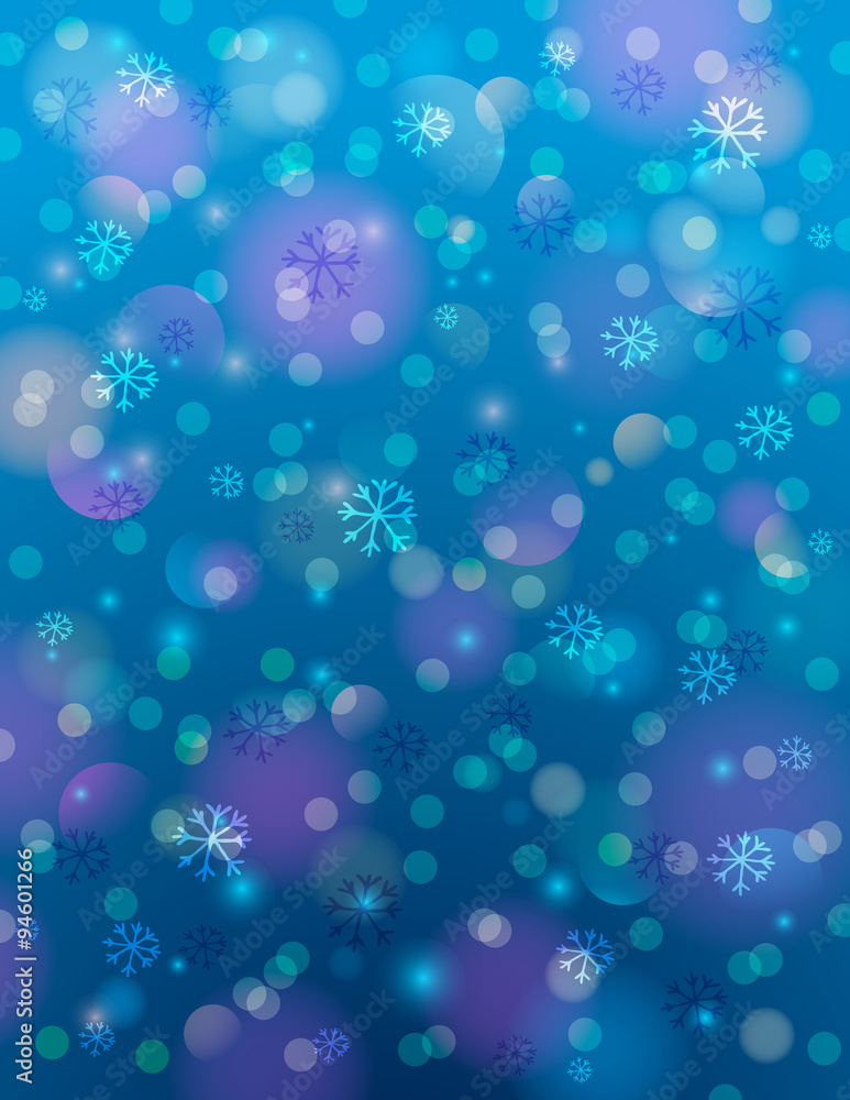 Blue background with snowflake and bokeh, vector