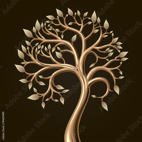 Golden tree foliage. Golden art tree with leaves in vector graphics.