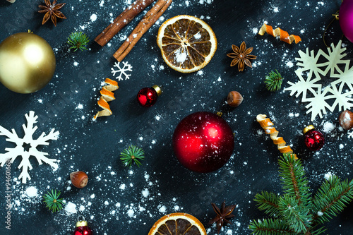Background with balls  snowflakes and oranges.
