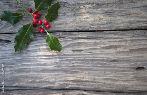 Stechpalme, Ilex Zweig mit roten Beeren auf altem Treibholz / Holz Brett  photo