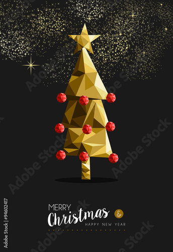 Merry christmas happy new year golden tree low poly