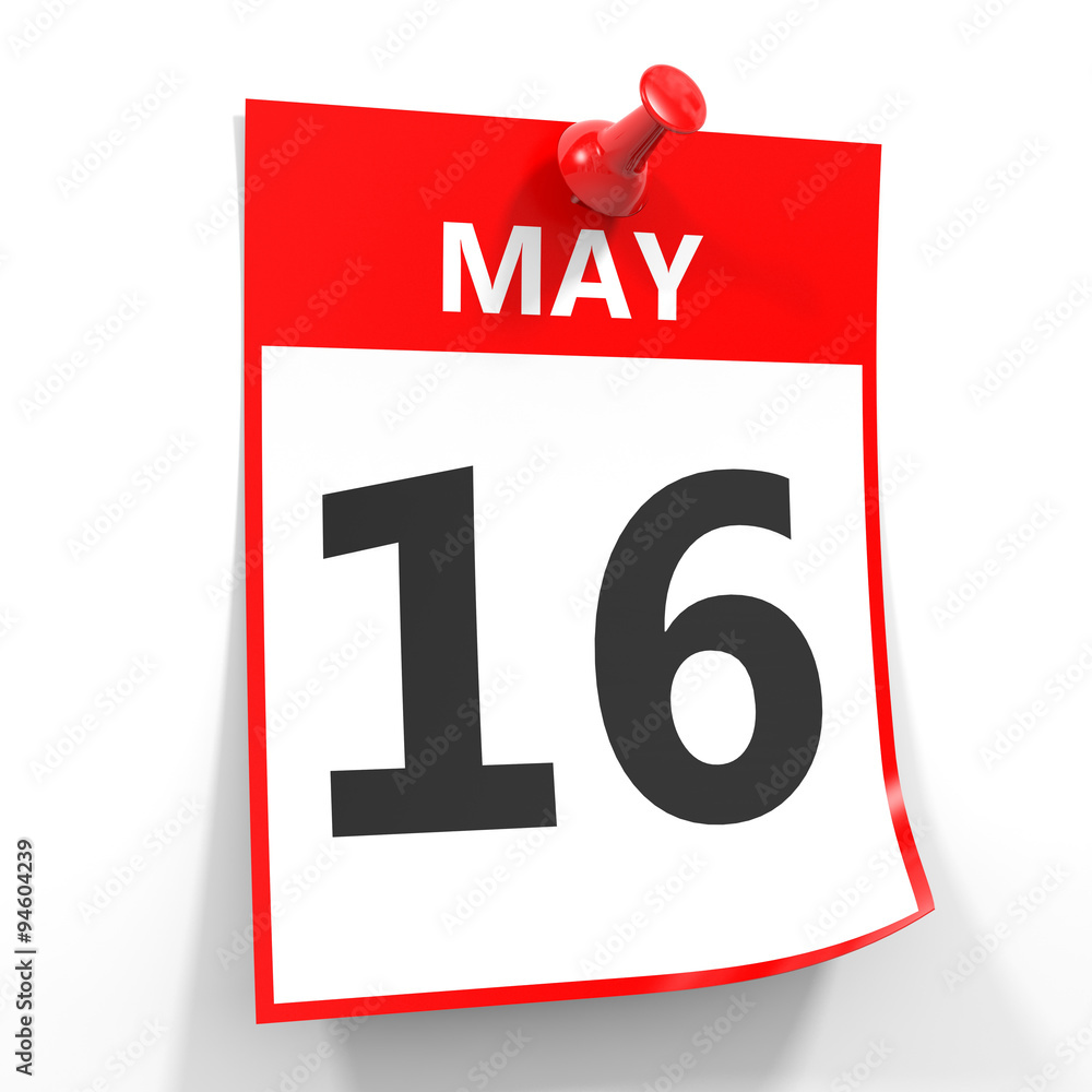 16 may calendar sheet with red pin. 16 may calendar sheet with red pin.