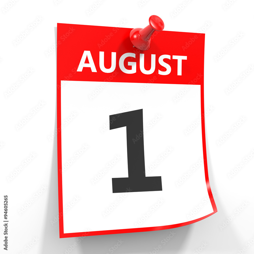 1 august calendar sheet with red pin. 1 august calendar sheet with red pin.