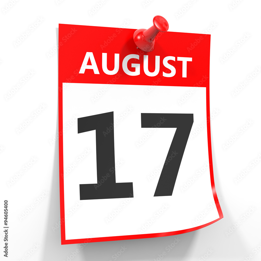 17 august calendar sheet with red pin. 17 august calendar sheet with red pin.