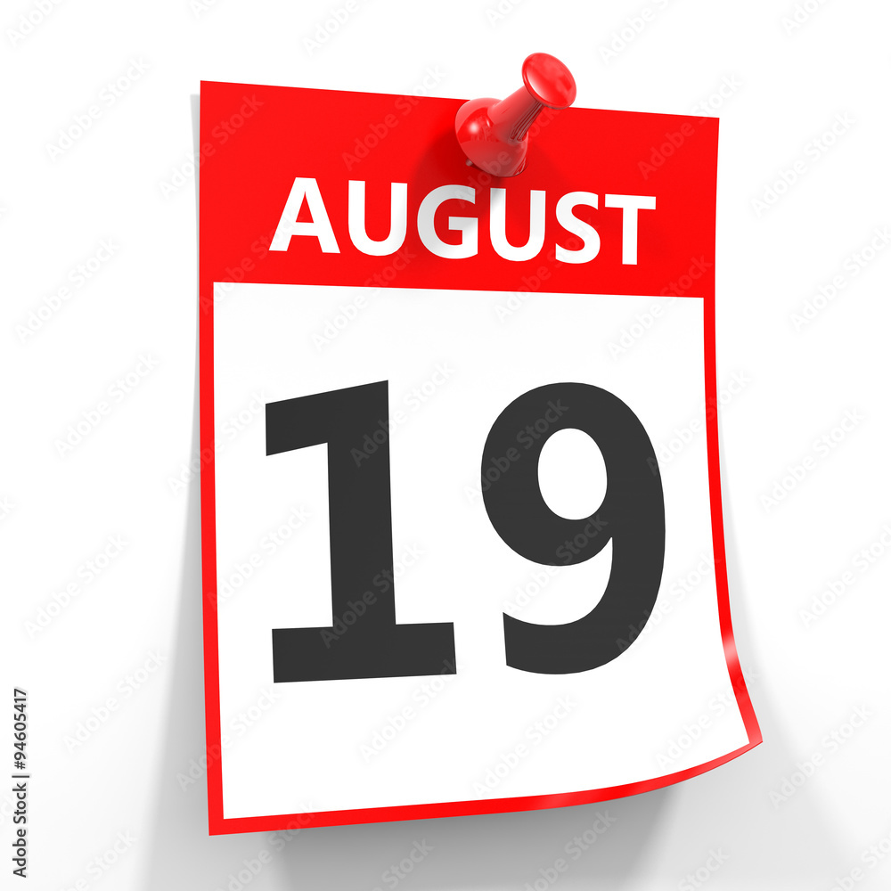 Fototapeta premium 19 august calendar sheet with red pin.