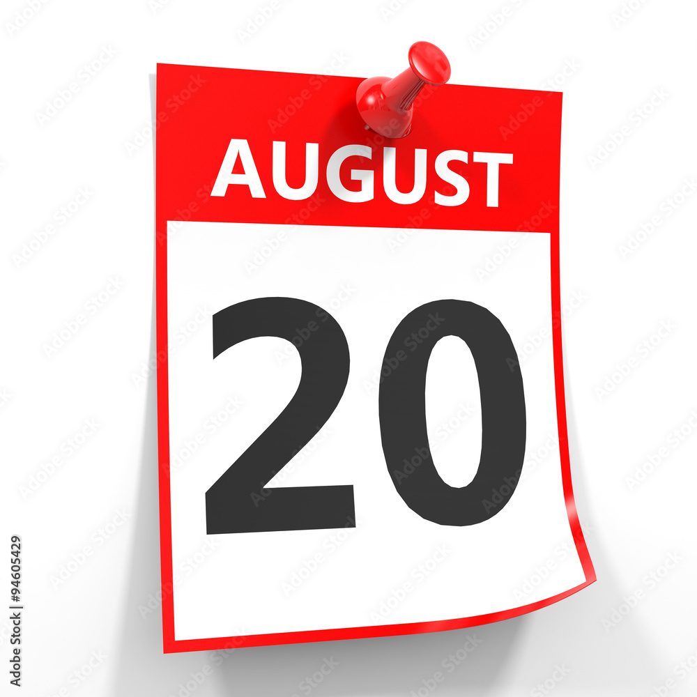 20 august calendar sheet with red pin. 20 august calendar sheet with red pin.
